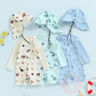 Laa6-baby Boy Whale Print Áo tắm dài tay Rash Guard Mũ chống nắng