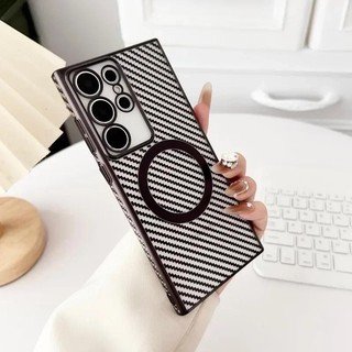Ốp điện thoại từ tính bằng sợi Carbon trong suốt siêu mạ điện S24 cho Samsung Galaxy S24 S23 S22 Ốp lưng chống sốc siêu trong suốt