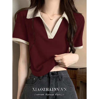 Xiaozhainv Hàn Quốc Raglan Vai Áo Thun Nữ Mùa Hè Mới Màu Hồng Cổ Polo Crop Thiết Kế Sense Niche Top