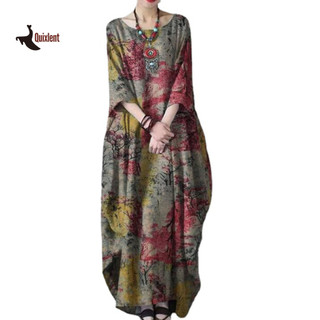 QUIXLENT Nữ Cổ Tròn 45355 Tay Đầm Maxi In Retro Rời Phù Hợp Với Chiều Dài Mắt Cá Chân Quá Khổ