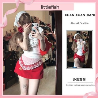 [Littlefish] Phù Hợp Với Nữ Mùa Hè 2024 Phong Cách Mới Ngọt Ngào Cay Phong Cách Phương Tây Giảm Tuổi In Chữ Ngắn Tay Top Cao Cấp Ôm Hơn Nhìn Váy