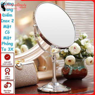 Gương trang điểm inox để bàn 2 mặt size lớn. đường kính 20cm. có mặt gương phóng to 3x cao cấp
