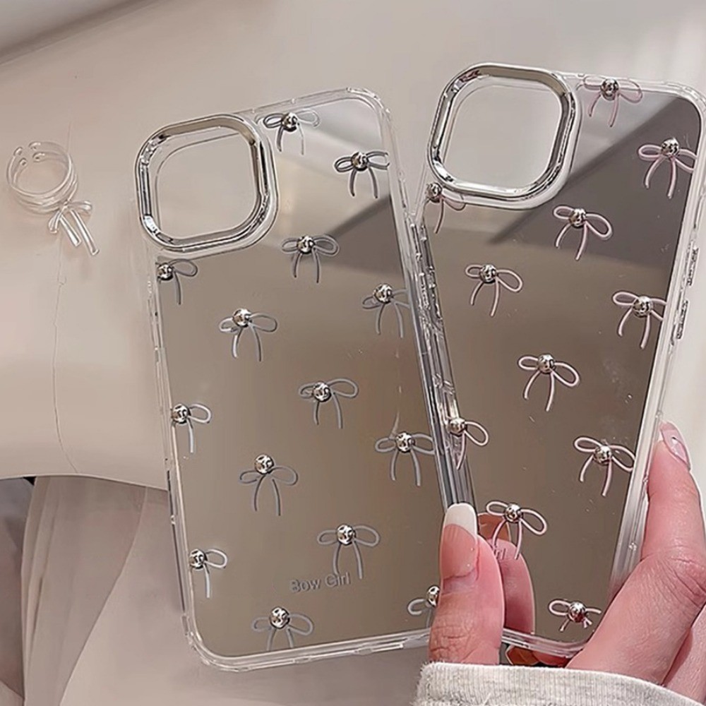 Ốp Điện Thoại Gương Nơ Hạt 3D Sang Trọng Cho IPhone 11 15 14 Pro MAX 12 13 Promax 15 / 14 Plus XS MAX XR 7 8Plus Ốp lưng Chống Rơi