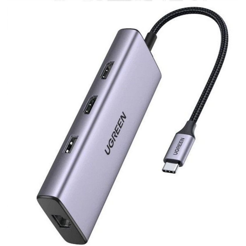 Bộ chuyển USB C 9 trong 1 Ugreen 90119, hỗ trợ xuất 2 cổng HDMI + USB + LAN Gigabit + PD 60W + SD/ T