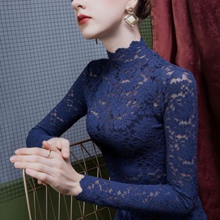  Áo sơ mi ren đáy cổ đứng cho nữ áo lưới mỏng thời trang 