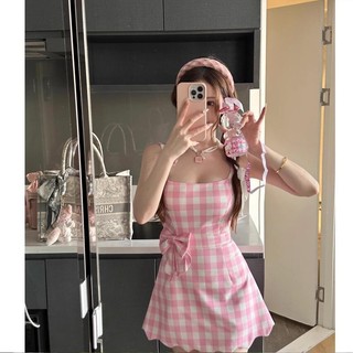 Wanmei Barbie ~ Bộ đồ kẻ sọc màu hồng Váy bên bờ biển eo hẹp Váy ngắn cô gái ngọt ngào