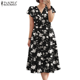 Zanzea Nữ Vintage Dây Kéo Bên Giữa Bắp Chân Dài Váy Cổ Chữ V Tay Ngắn