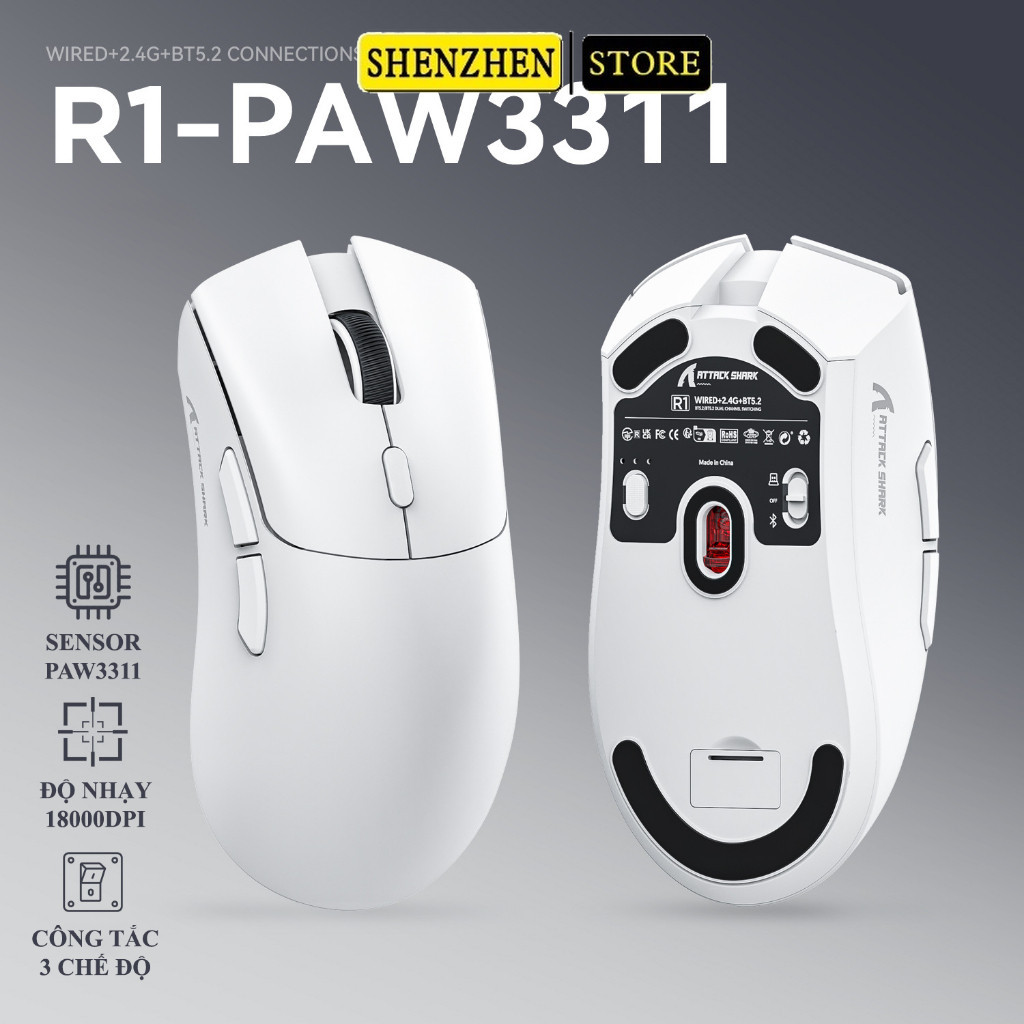 Chuột Bluetooth Không Dây Chip PAW3311 Attack Shark R1 18000DPI 3 Mode Kết Nối Có App
