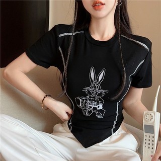 Áo Thun Borip Đuôi Nhọn Cổ Tròn Ngắn Tay Phối In Chú Thỏ Dễ Thương TTGB0257