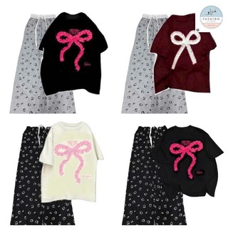  Sét bộ quần ống rộng hình Đầu Mèo + Mix Áo Phông form rộng tay lỡ Thêu  Hình Nơ Rúm Unisex-QUẦN ÁO 94 
