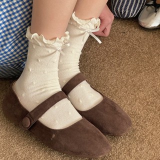 Tất Giữa Ống Nữ Dễ Thương Nấm Cạnh Nơ Chấm Bi Cotton Hút Mồ Hôi