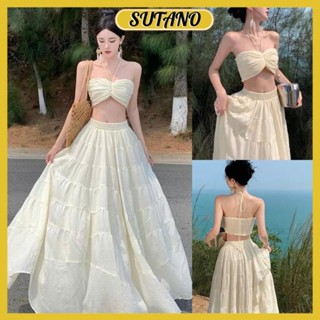  Set bộ nữ maxi tơ nhăn dáng dài đi biển,set đầm maxi áo quây cổ yếm mix chân váy dài B49 SUTANO 