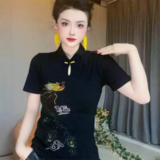   L-5xl  Áo kiểu Trung Quốc dành cho nữ Áo sơ mi cổ điển Hot Fix Kim cương giả Quần áo cổ điển Áo sơ mi cổ điển Áo sơ mi nữ hợp thời trang cho quần áo nữ 