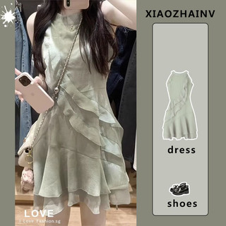 Xiaozhainv Quần áo nữ Hàn Quốc Thời trang Váy không tay xù màu xanh lá cây nhẹ nhàng