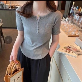 Áo Thun nữ có túi trước phối cúc chất tăm lạnh, Áo thun tăm cộc tay co dãn tốt, mềm mịn mã 01