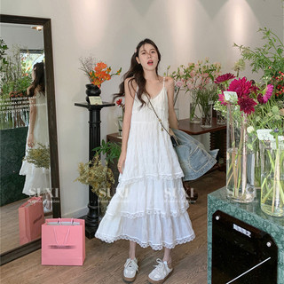 Suxi - Đầm treo trắng Nữ Mùa hè Mới Ren Ruffle Bánh Đầm dự tiệc Váy dài