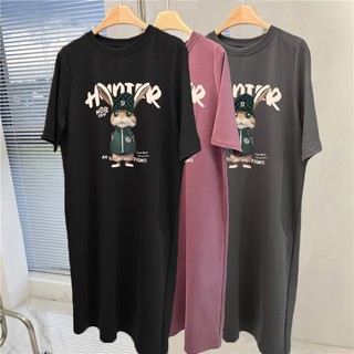 Hoạt Hình Thỏ In Chữ Ngắn Tay Áo Thun Nữ Đầm Instagram Thời Trang Hàn Quốc Rời Thường Ngày Lớn Chiều Dài Vừa Váy Cổ Tròn