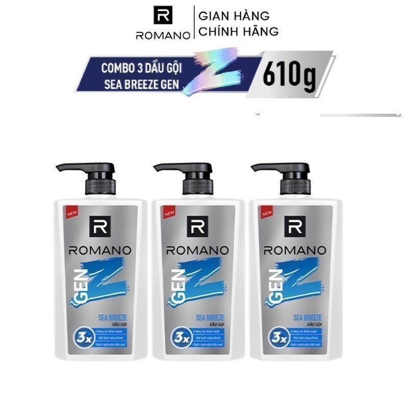 Combo 3 dầu gội Romano Gen Z Hương Sea Breeze/ Forest Cedar 610g/ chai - 2 mùi hương có sẵn