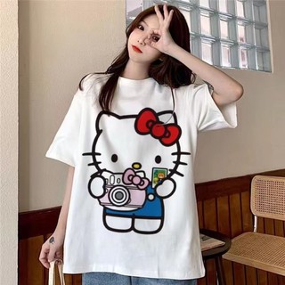 Yuewen Mùa Hè Phiên Bản Hàn Quốc Bông Tai Kẹp Retro Nhật Bản Trắng Xám Hello Kitty Graffiti Rời Áo Thun Tay Ngắn Nữ Sinh Viên Co