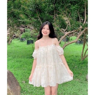 Váy Babydoll 2 Dây Trễ Vai cổ Vuông Tay Bồng Cúp Ngực xếp tầng Chất Ren Hoa Nổi 2 Lớp Dễ Thương Đi chơi đi biển, EYE