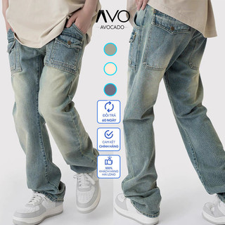 Quần Jean Nam Ống Suông Rộng Phối Túi Kép Màu Bụi Avocado, Quần dài baggy ống rộng nam nữ Retro Vintage cao cấp đẹp