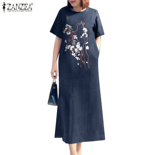 Zanzea Thời trang nữ thêu hoa ngắn tay bên túi xẻ tà