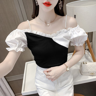 Áo trễ vai Áo tay bồng trễ vai Áo ba lỗ nữ Pháp Retro Gợi Cảm Một Cổ Dây Puff Ngắn Tay Áo Sơ Mi Nữ Thiết Kế Niche Ngắn Rốn Top