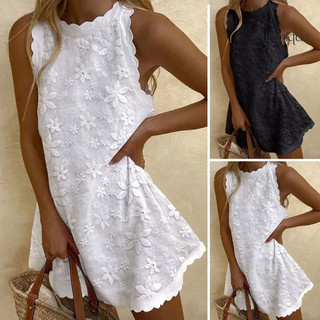 Stitchique _ Đầm Mini Mùa Hè Thêu Hoa Vai Cổ Tròn Không Tay Màu Trơn Đầm Viền Lớn Ruffle Nữ Mùa Hè Quần Áo Nữ
