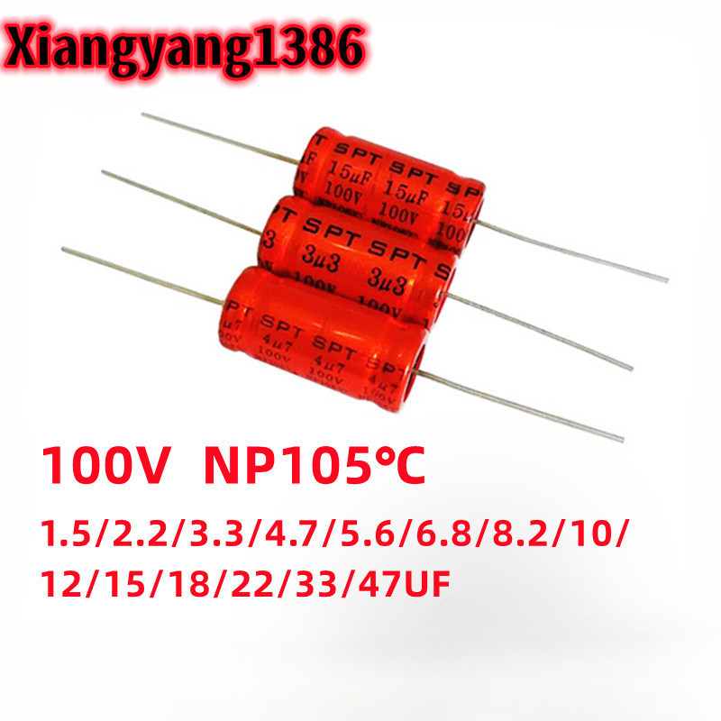 (5 Cái) 100V SPT Tụ Điện Phân Nhôm NP Không Cực Trục Đỏ AUDIO 1.5 / 2.2 / 3.3 / 4.7 / 5.6 / 6.8 / 8.