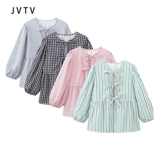 097 JVTV Áo sơ mi dài tay sọc cổ tròn buộc dây