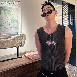 Aokong Thiết kế thích hợp kim loại chữ rỗng vest nam mùa hè mỏng dệt kim áo thun không tay mỏng vừa vặn hàng đầu