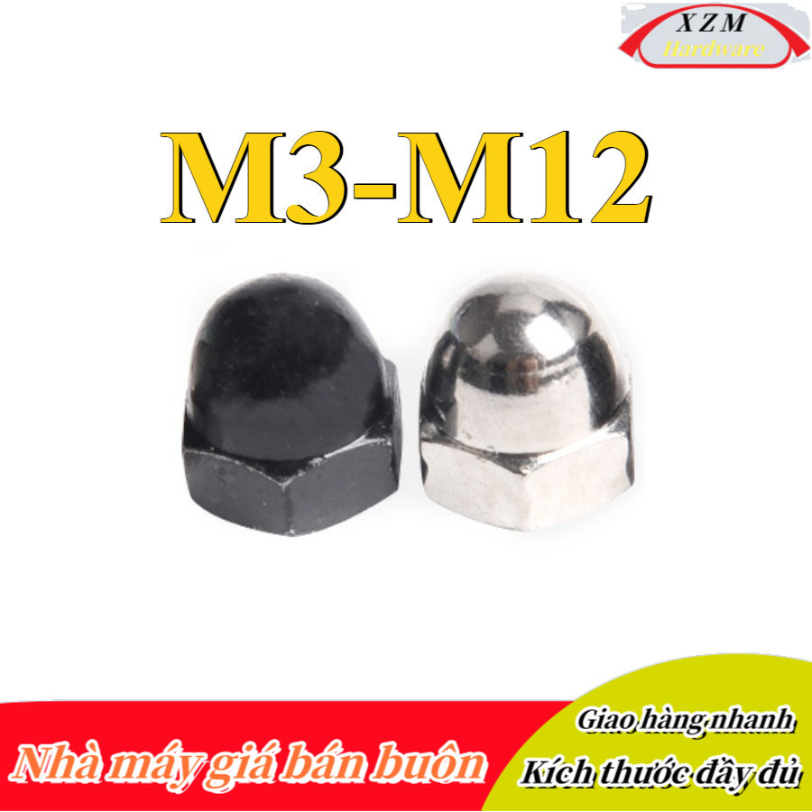 Tán bầu, Đai ốc mũ mạ niken, đai ốc chỏm cầu Thép Đen  M3 / M4 / M5 / M6 / M8 / M10 / M12 (XZM-DM-W)