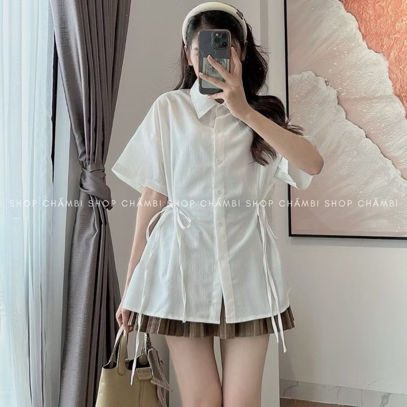 Áo sơ mi đũi chiết eo nơ kiểu tiểu thư công sở xinh xắn | BigBuy360 - bigbuy360.vn