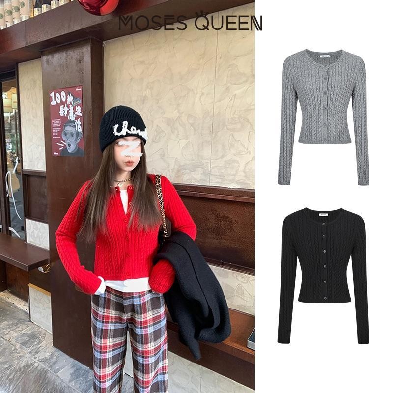 MOSESQUEEN Twist Dệt Kim Cardigan Cổ Tròn Mỏng Mỹ Slim Skinny 2025 Mới Top Nữ #59240