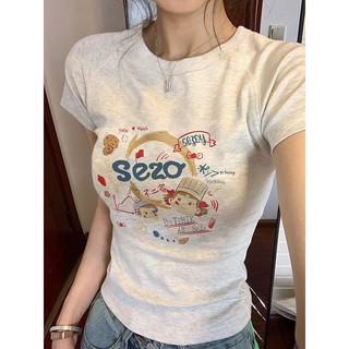 HANUNA Local brand Áo baby tee 100% cotton Tay Ngắn Áo Thun ôm body Áo y2k  in hình mùa hè Slim-fit dành cho nữ