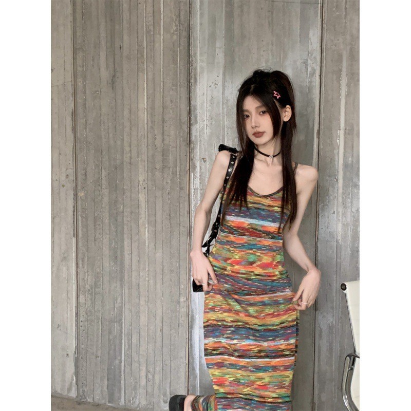 MTMM Váy 2 dây đầm 2 dây đầm body 2 dây dáng dài váy dệt kim sọc cầu vồng dành cho nữ hàn quốc | BigBuy360 - bigbuy360.vn