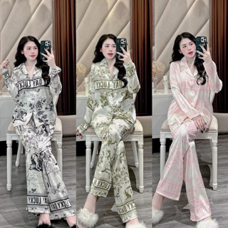  Bộ đồ Pijama Hoạ tiết LuckyDay áo dài quần dài Lụa gấm xước ánh kim cho nữ sang chảnh DD05 Sammy 