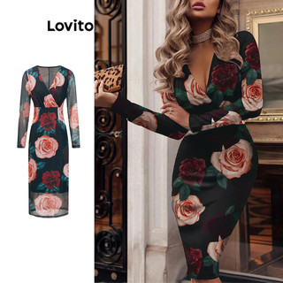 Đầm Lovito vải lưới tương phản họa tiết hoa phong cách cổ điển cho nữ LBL20344