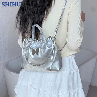 Shihui Túi xách nữ niche bạc corset mới nơ đeo chéo xô ba lô