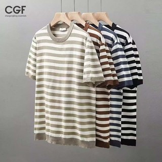 Chaogongfang essentials Áo thun nam ngắn tay, áo dệt kim cổ tròn sọc phong cách Hàn Quốc, xu hướng mùa hè, phong cách người lớn nhẹ nhàng