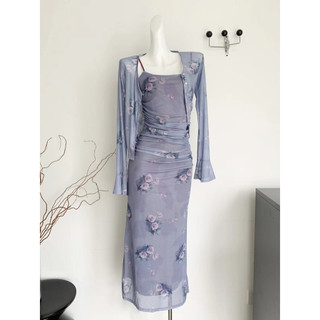 Set Váy Hai Dây Màu Tím Dáng Dài Xẻ Tà Họa Tiết Hoa Hồng+Áo Cardigan Tím Mùa Hè Cho Nữ