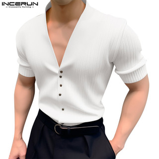 Incerun Nam Áo thun ngắn tay cổ chữ V sọc tối giản thời trang Hàn Quốc