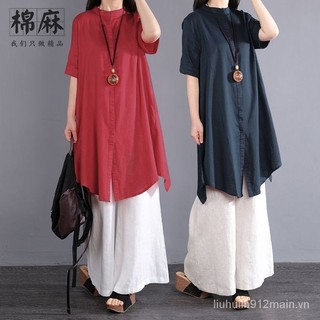 Hàng sẵn có Danh sách bảo hành chất lượng vận chuyển tức thì / Bộ đồ hai mảnh dành cho nữ Áo sơ mi vải lanh Cotton Mẹ mặc mùa hè dáng rộng cỡ lớn Vỏ vừa phải Fle