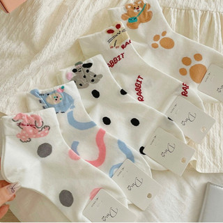 Vớ tất cổ trung mèo cún gấu thỏ Rabbit chấm bi trắng
