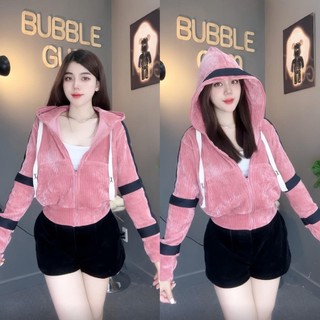 Áo Khoác Nữ Nhung Đôi Sọc Viền Có Xỏ Ngón 4 Túi Freesize Dưới 60Kg BUBBLE GUM