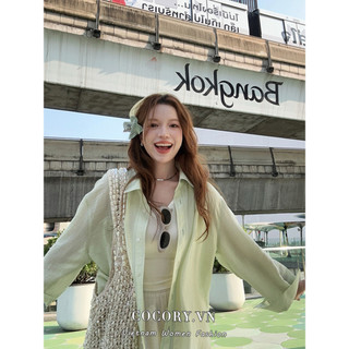 Cocorygirl Quần áo nữ Hàn Quốc Slouchy tencel dáng rộng áo sơ mi gai dầu dài tay