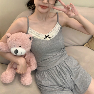 Mùa Hè Có Đệm Dây Quần Short Bộ Đồ Ngủ Nữ Dễ Thương Ren Modal Phù Hợp Với Màu Xám Mặc Ở Nhà Thời Trang Hai Mảnh