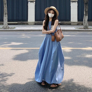 Áo Vest Nữ Váy Màu Xanh Giữa Chiều Dài Mùa Hè Ôm Hơn Nhìn Chữ a Lười Phong Cách Tính Khí Phong Cách Hàn Quốc Rời Cao Cấp Eo 8WTM
