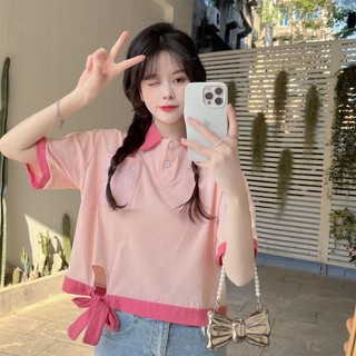 Daxingzhe Pink Girl Áo thun ngắn tay nữ nơ thêu áo ngắn