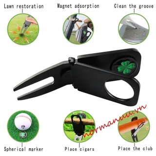 Norman6g Đặt Nĩa Xanh, Divot Tool Ball Marker Golf Green Fork, Golf Repair Fork 6 trong 1 Clover Portable Golf Pitchfork Golf Divot Repair Tool